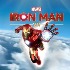 Iron Man in armatura rossa e oro vola tra le nuvole, pronto a lanciare un raggio repulsore. Il logo "Iron Man VR" è visibile, suggerendo un'esperienza di gioco per PS5.