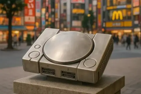 La prima PlayStation, simbolo di chi ha inventato questo iconico pezzo di storia videoludica, troneggia in una strada di Tokyo.