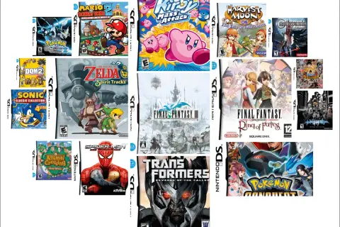 Raccolta di copertine dei migliori giochi DS: Pokémon, Zelda, Final Fantasy, Kirby, Sonic e altri ancora.