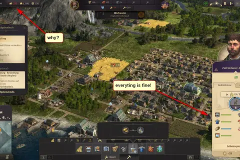 Anno 1800 recensione: una città prospera con campi dorati e case ordinate. La soddisfazione dei lavoratori è alta, tutto procede bene.