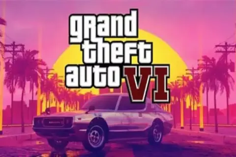 Logo di GTA 6 con un'auto d'epoca su uno sfondo tropicale al tramonto.