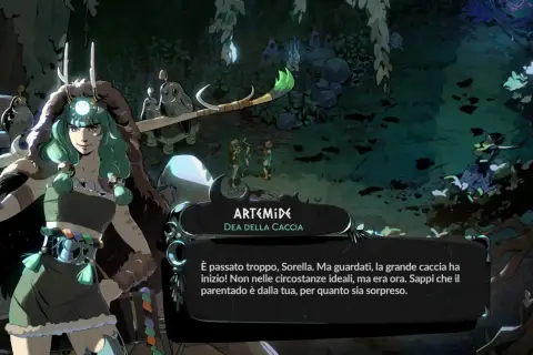 Artemide, dea della caccia, parla in questo screenshot di Hades 2 per PS5. La sua frase suggerisce un'avventura imminente.