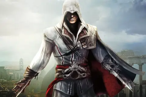 Ezio Auditore, protagonista del miglior Assassin's Creed PS4, pronto all'azione con la sua lama celata tra le rovine di Roma.