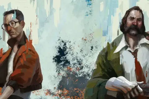 Due detective in stile Disco Elysium, la cui durata del gioco è notevole. Uno con occhiali, l'altro con baffi.