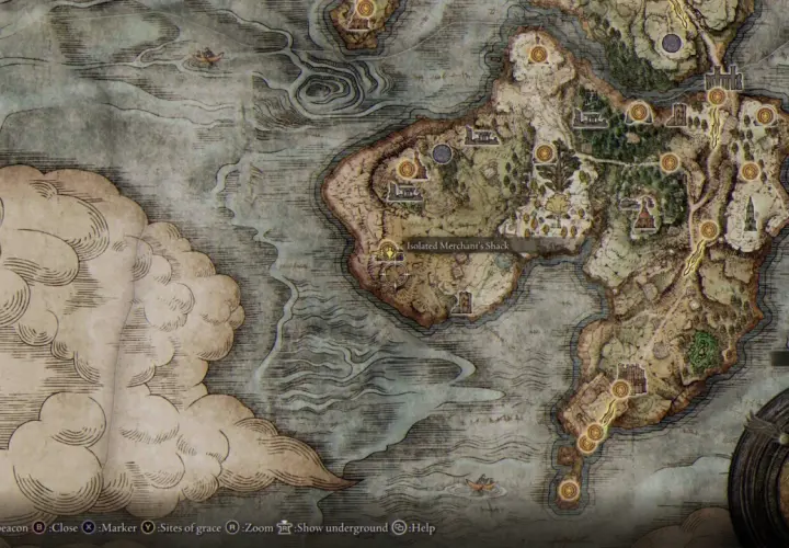 La mappa completa di Elden Ring mostra terre selvagge, isole e un mercante solitario. Esplora ogni angolo!