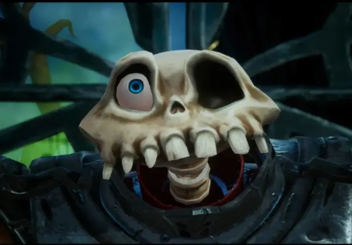 Un teschio con un occhio blu sporgente, parte di un personaggio del **medievil 2 remake**, con un'espressione buffa.