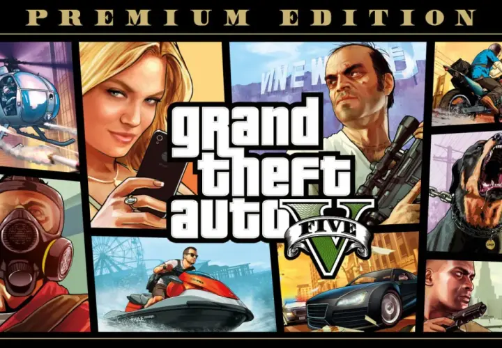 Immagine di copertina di Grand Theft Auto V Premium Edition per PS5, con scene d'azione, personaggi e veicoli. Scopri i trucchi GTA 5 PS5 per dominare Los Santos!