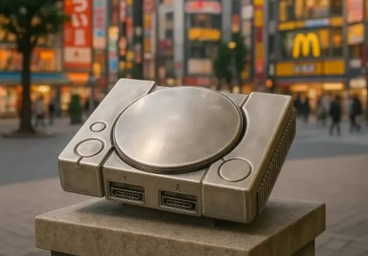 La prima PlayStation, simbolo di chi ha inventato questo iconico pezzo di storia videoludica, troneggia in una strada di Tokyo.
