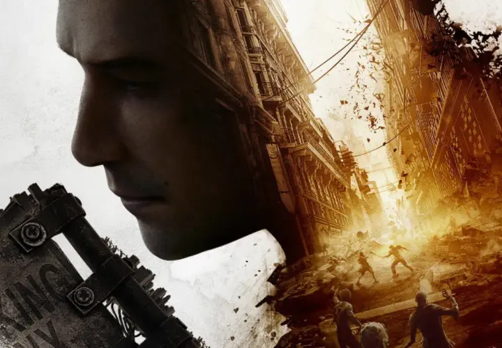 Profilo di un uomo sovrapposto a una città in rovina e zombie. La recensione di Dying Light 2.