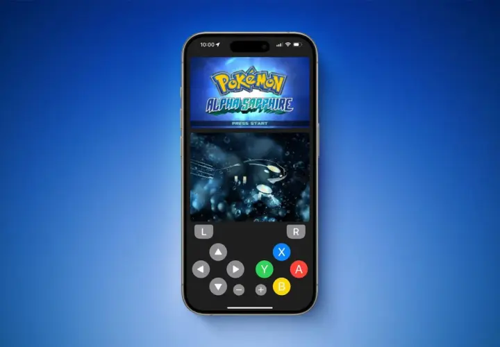 iPhone con emulatore Nintendo DS iOS che mostra Pokémon Alpha Sapphire, con controlli virtuali.