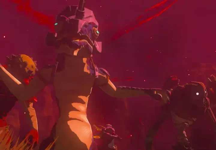 Un'epica battaglia in Zelda Tears of the Kingdom: Link affronta creature terrificanti in un mondo rosso sangue. La recensione ne parla.