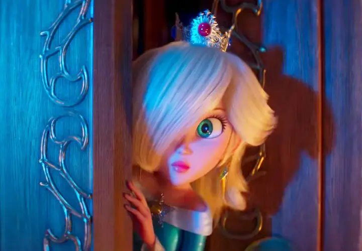 Rosalina, con la sua corona scintillante, spia da dietro una porta, pronta per nuove avventure in Super Mario Galaxy 3.