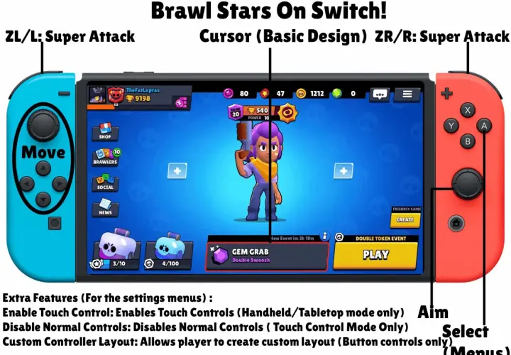 Nintendo Switch con Brawl Stars, mostra Shelly e i controlli per il gioco.