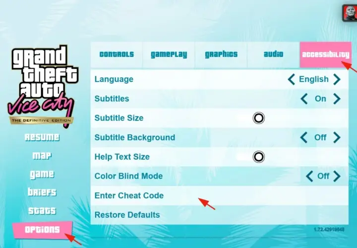Menu opzioni di GTA Vice City Definitive Edition, con la sezione "Accessibilità" evidenziata e la voce "Inserisci Codice Trucco" visibile.