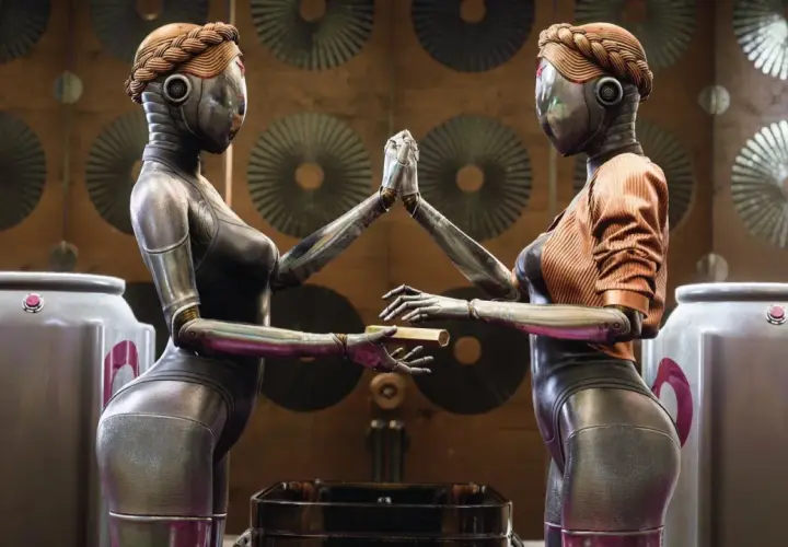 Due robot identiche si scambiano un oggetto, in un'ambientazione che ricorda Atomic Heart 2.