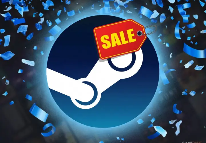 Il logo Steam con un'etichetta rossa "SALE" e coriandoli blu. Preparati per i prossimi saldi Steam!