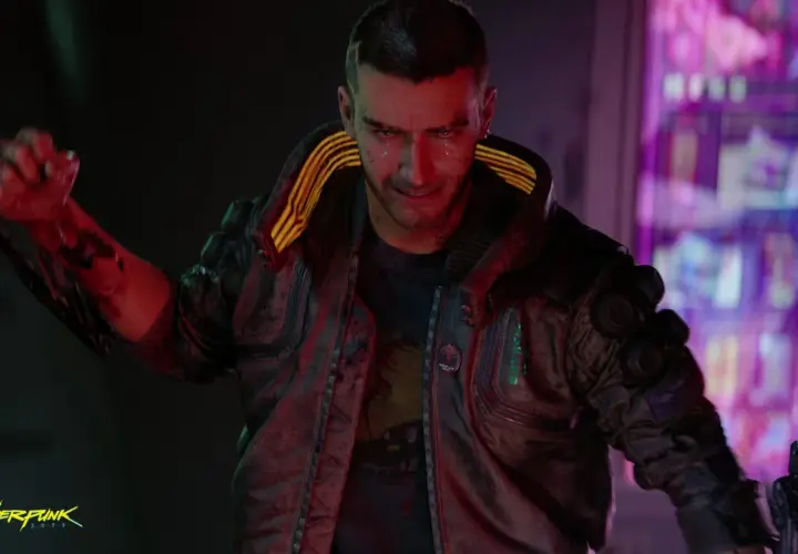 Un uomo con un'espressione sofferente, vestito in stile cyberpunk, con la mano insanguinata. Un'immagine che evoca la lotta per i **cyberpunk 2077 trofei**.
