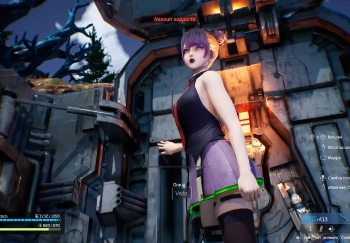 Una ragazza con capelli viola e rosa, in stile anime, si trova in un ambiente futuristico. È un'immagine tratta da Synduality Echo of Ada.
