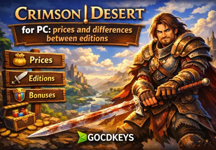 Guerriero con spada insanguinata nel **crimson desert**. Menu per prezzi, edizioni e bonus del gioco per PC.