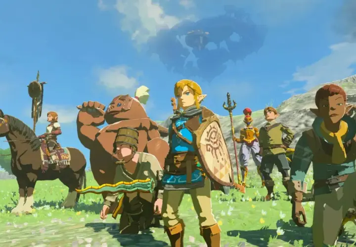 Link e compagni, con armature iconiche di Zelda Tears of the Kingdom, si preparano all'avventura sotto un cielo minaccioso.