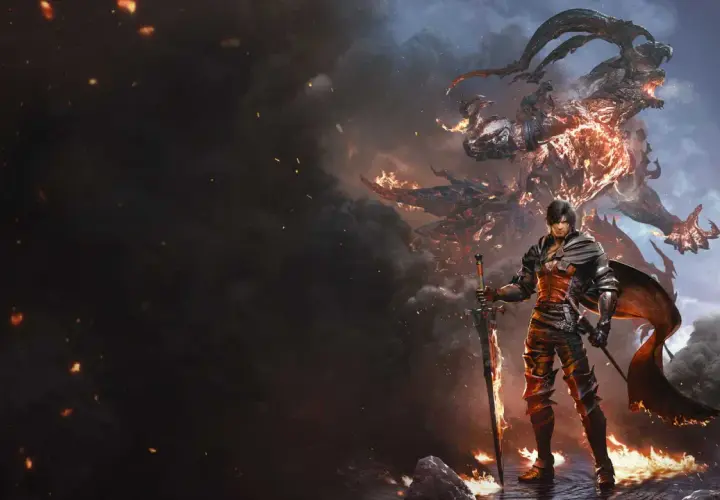 Clive con la sua spada fiammeggiante affronta un imponente Eikon. L'epica avventura di Final Fantasy 16 su Xbox.