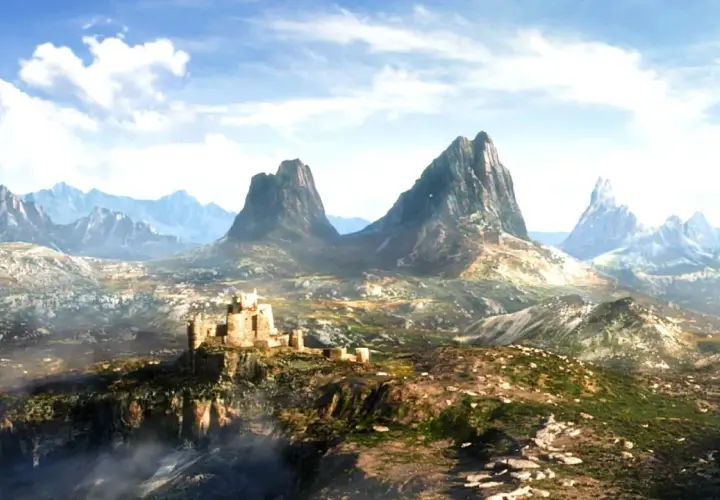 Paesaggio epico con un castello su una scogliera, montagne imponenti e un cielo azzurro. L'ambientazione perfetta per The Elder Scrolls 6.