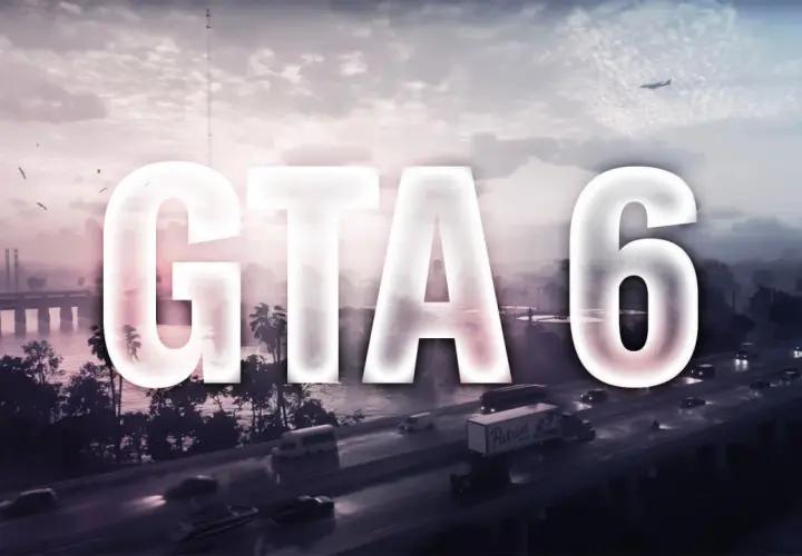 Il logo di GTA 6 su uno sfondo di città nebbiosa con traffico e un aereo in cielo. L'attesa per il gioco su PlayStation 5 è alta.