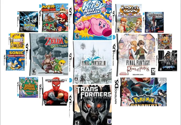 Raccolta di copertine dei migliori giochi DS: Pokémon, Zelda, Final Fantasy, Kirby, Sonic e altri ancora.