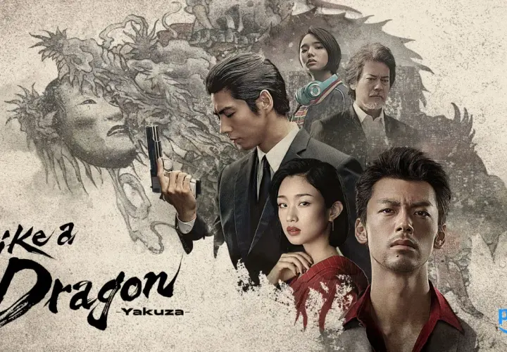 Yakuza Like a Dragon recensione: un poster con volti intensi, un drago stilizzato e la scritta "Like a Dragon".