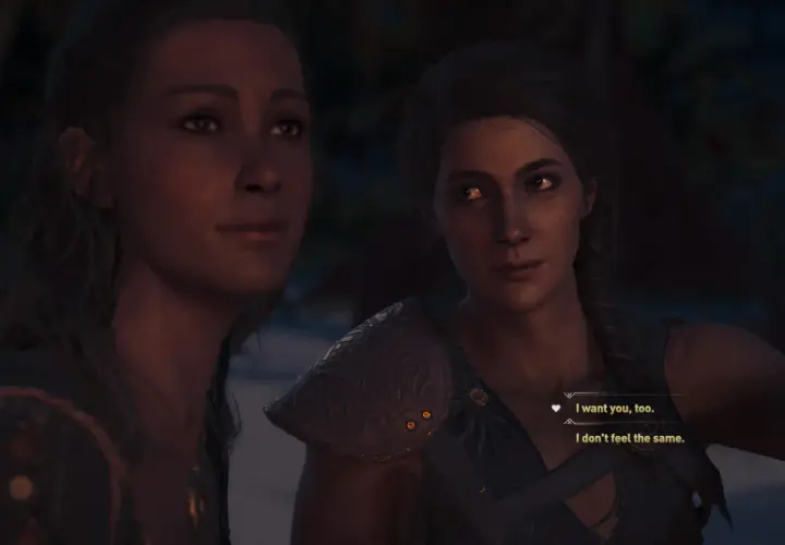 Kassandra, l'assassina di Assassin's Creed, in un momento intimo. Le sue scelte influenzano le relazioni.