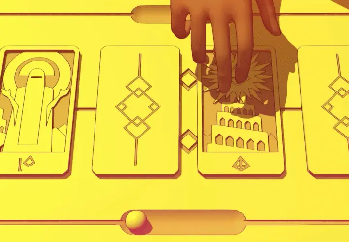 Mano che sfiora carte con simboli stilizzati, forse un riferimento al gioco "Chant of Sennaar".
