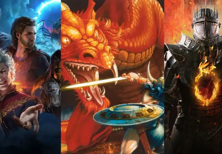 Un guerriero affronta un drago, mentre altri personaggi fantasy si preparano per un epico d&d gioco online.