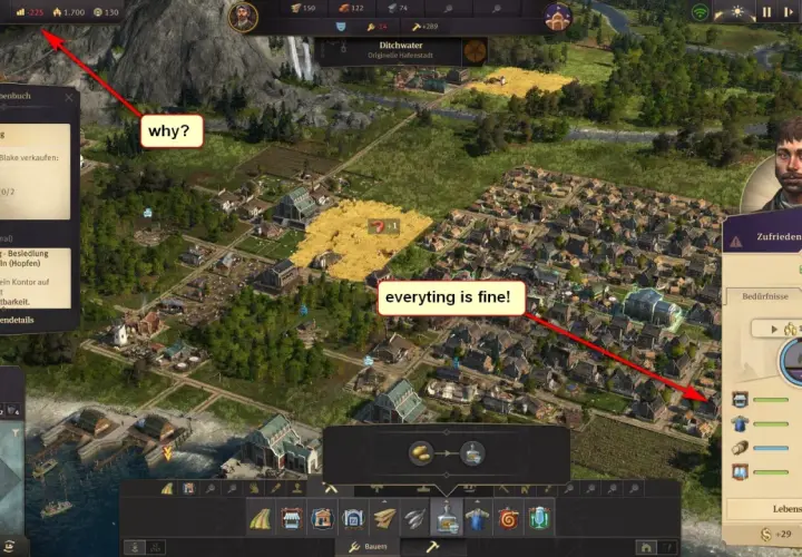 Anno 1800 recensione: una città prospera con campi dorati e case ordinate. La soddisfazione dei lavoratori è alta, tutto procede bene.