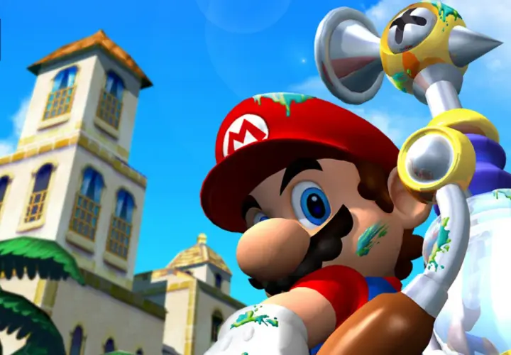 Mario con il suo pennello spruzza colore, pronto per i migliori giochi GameCube.