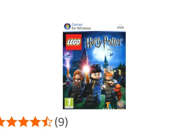 Copertina del gioco Lego Harry Potter Anni 1-4 per PC. Harry, Ron e Hermione in versione Lego davanti a Hogwarts.