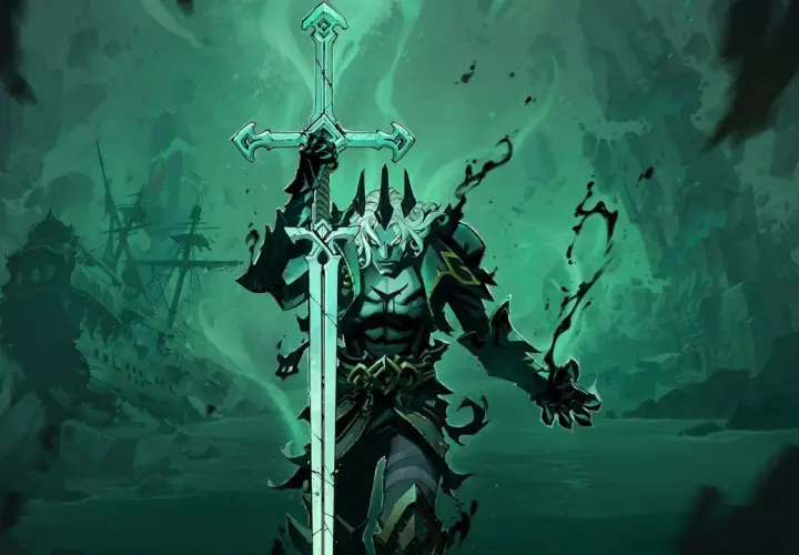 Guerriero spettrale con spada luminosa, circondato da nebbia verde e un relitto di nave. Il suo sguardo presagisce il **rise of legends**.