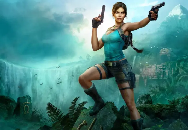 Lara Croft, pronta per la prossima avventura Tomb Raider, con pistole in mano, in un'ambientazione giungla con cascate e rovine antiche.