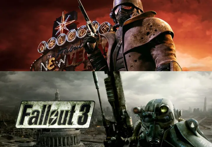 Due guerrieri post-apocalittici, uno con un'iconica insegna di benvenuto di Fallout 3 remastered sullo sfondo, l'altro con il logo di Fallout 3.