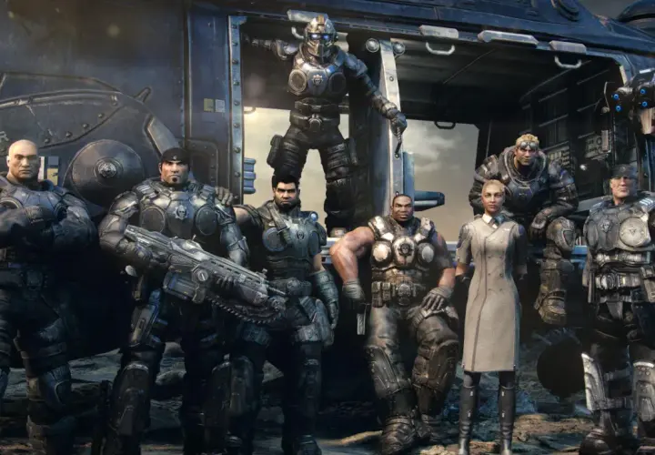 La squadra di Gears of War Reloaded, pronta all'azione davanti a un elicottero.
