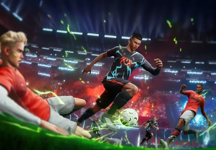 Giocatori in azione in uno stadio, pronti a segnare. L'uscita del nuovo gioco di calcio è imminente!