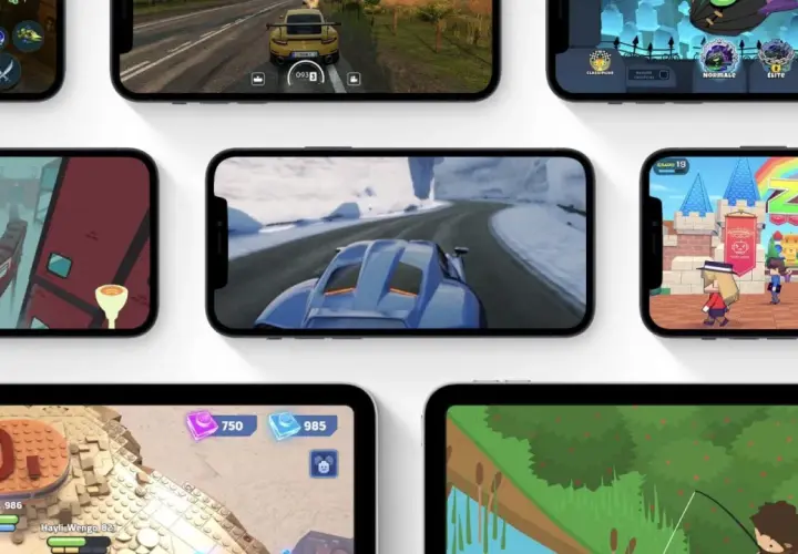 Schermate di giochi per dispositivi mobili, tra cui corse, avventura e puzzle. Scopri cosa è Apple Arcade con questi divertenti titoli.