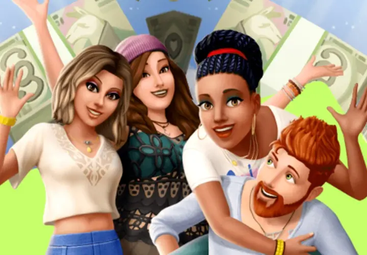 Sims felici festeggiano con banconote volanti, forse grazie ai trucchi The Sims 4 PS4 per soldi infiniti.