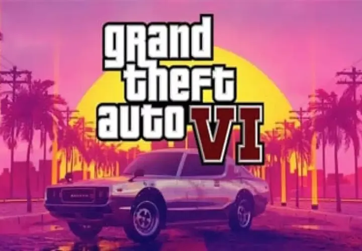 Logo di GTA 6 con un'auto d'epoca su uno sfondo tropicale al tramonto.