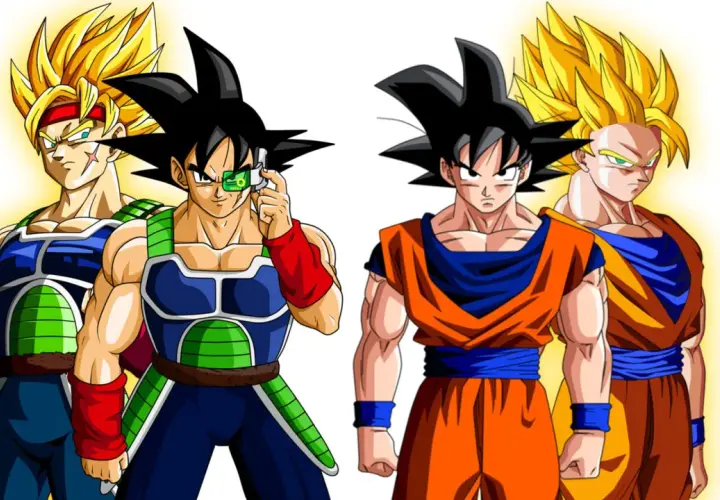 Bardock e Goku, con le loro trasformazioni in ordine: Bardock con scouter, Bardock Super Saiyan, Goku base e Goku Super Saiyan.
