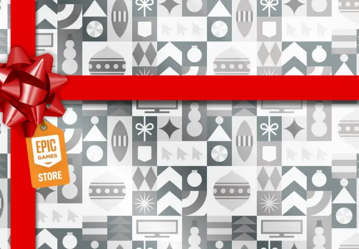 Regalo di Natale: epic games gioco gratis 24 dicembre. Un pacco regalo con fiocco rosso e tag Epic Games Store.