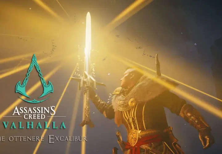 Eivor brandisce Excalibur, la leggendaria spada di Assassin's Creed Valhalla, sotto raggi dorati.