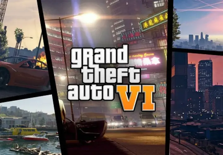 Montaggio di scene di gioco di Grand Theft Auto VI, con auto sportive, città illuminate e paesaggi urbani al tramonto. Il budget per GTA 6 sembra illimitato!
