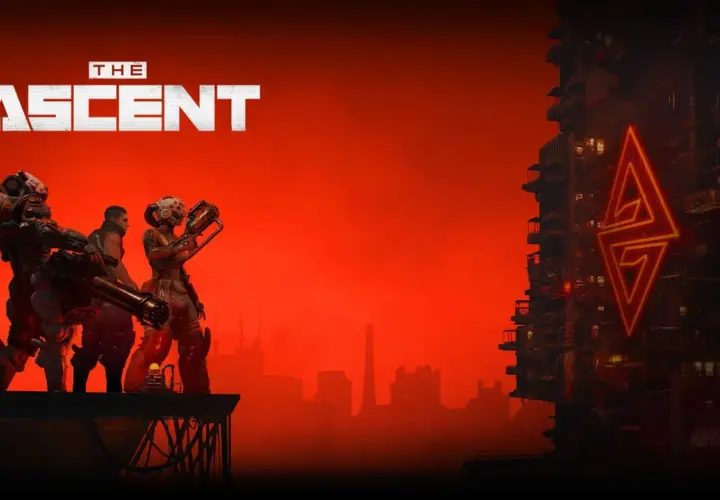La recensione di The Ascent: tre guerrieri cyberpunk si preparano alla battaglia su uno sfondo rosso fuoco, con un grattacielo illuminato da un logo al neon.