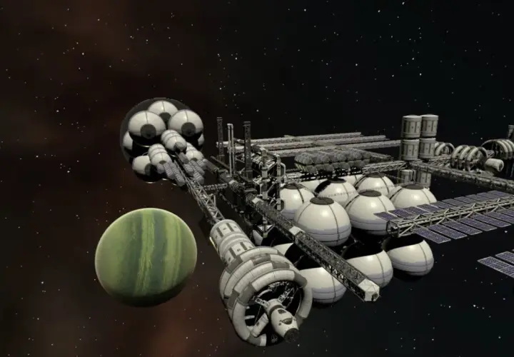 Stazione spaziale complessa in Kerbal Space Program 2, con moduli sferici e pannelli solari, accanto a un pianeta verde striato.