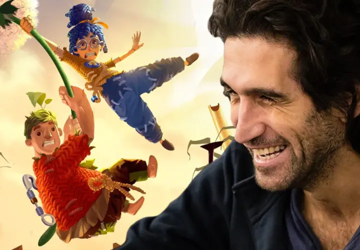 Un uomo sorride mentre due personaggi animati, che sembrano usciti da "It takes two 2", si dondolano su un soffione.